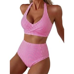 MSRP $25 Herseas Women's L High Waisted 2 Piece Halter Patch Pocket Stripe